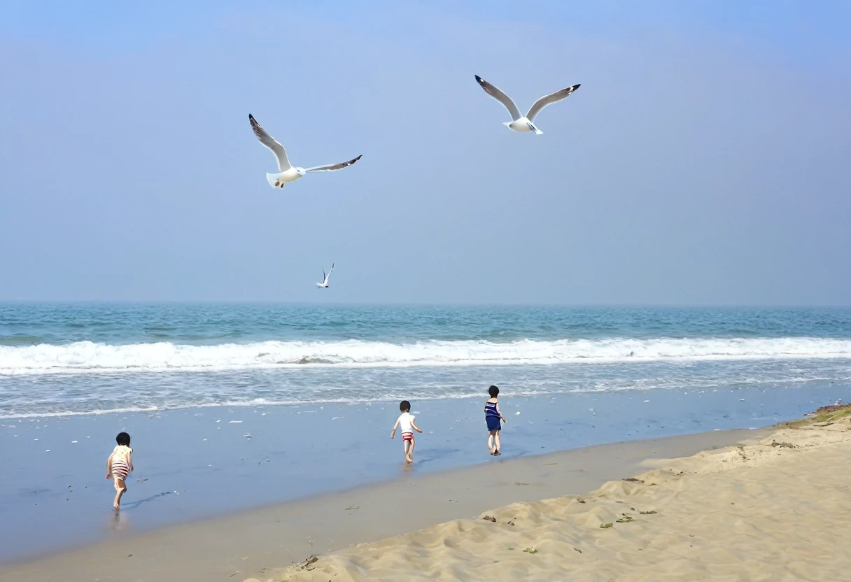 (best quality, 4K, masterpiece :1.3), summer、seaside、Beach、Morning Mist、Boys and girls playing in the sand、Seagull。