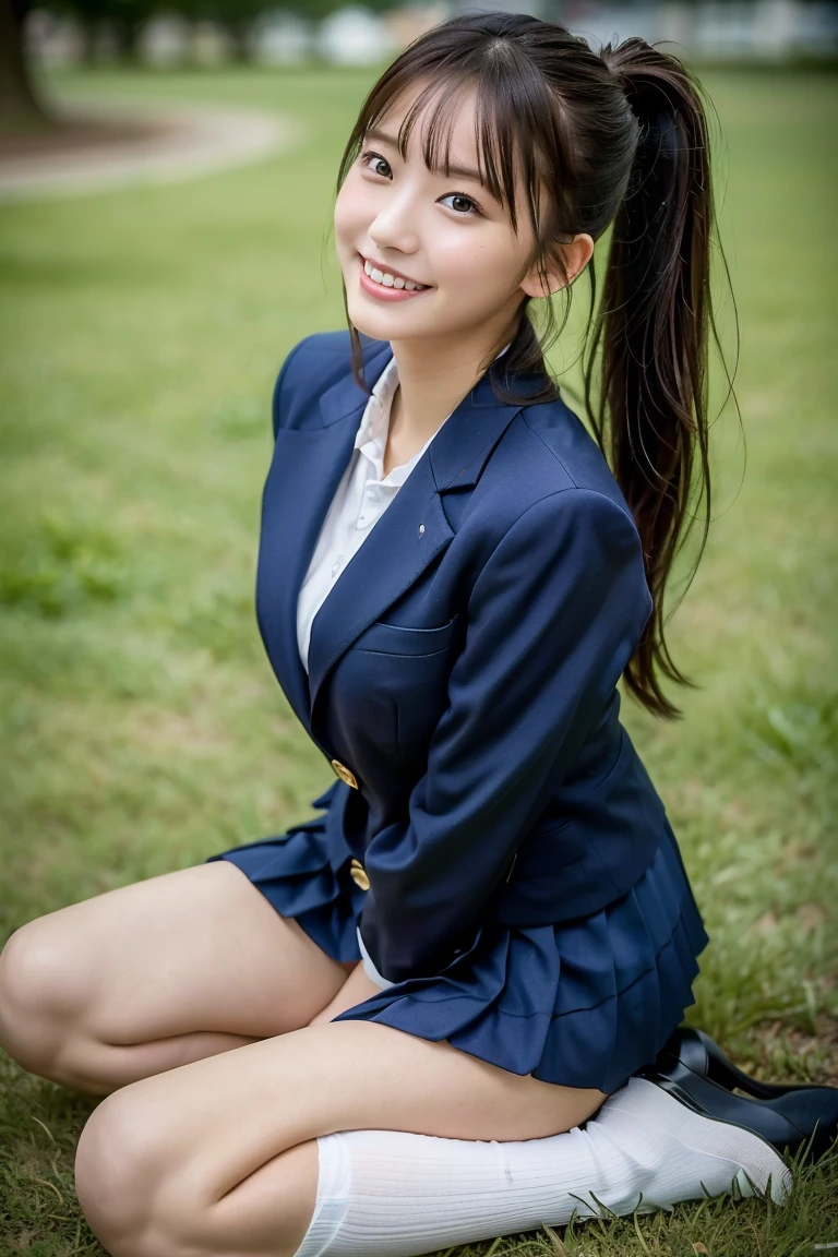 high detail、high quality、8K Photo、Anatomically perfect body、Japanese high school girls、One beautiful girl、smile、In uniform、(Brown blazer、Blue checked pleated skirt、Navy blue knee socks、Brown Loafers、ponytail、Double eyelids、White panties)、(Sitting on the grass、Raise your knees and sit with your buttocks on the ground1.5)、((Between the legs in detail、Thighs、between legs、the hem of the skirt rises、Front angle1.5、Face the photographer、Angle from the ground1.5))