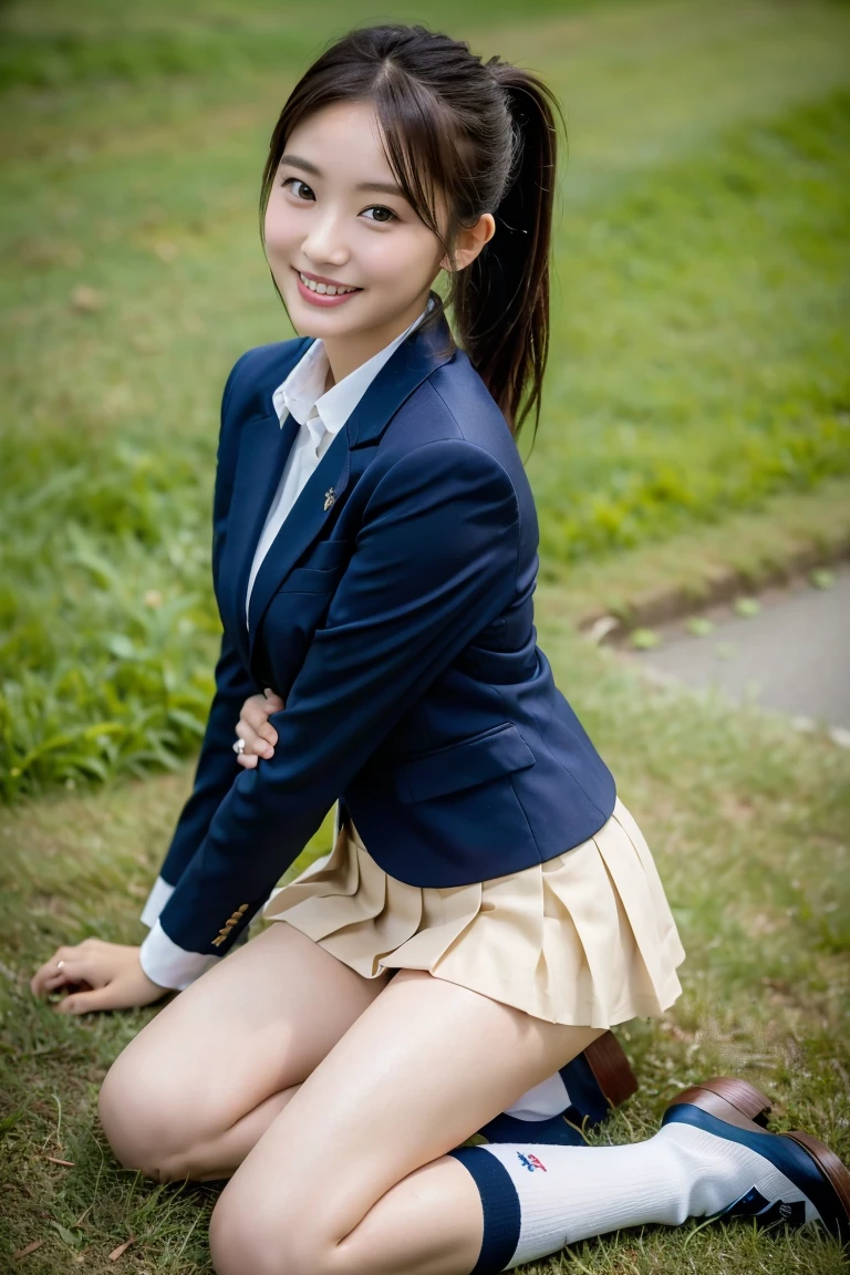 high detail、high quality、8K Photo、Anatomically perfect body、Japanese high school girls、One beautiful girl、smile、In uniform、(Brown blazer、Blue checked pleated skirt、Navy blue knee socks、Brown Loafers、ponytail、Double eyelids、White panties)、(Sitting on the grass、Raise your knees and sit with your buttocks on the ground1.5)、((Between the legs in detail、Thighs、between legs、the hem of the skirt rises、Front angle1.5、Face the photographer、Angle from the ground1.5))