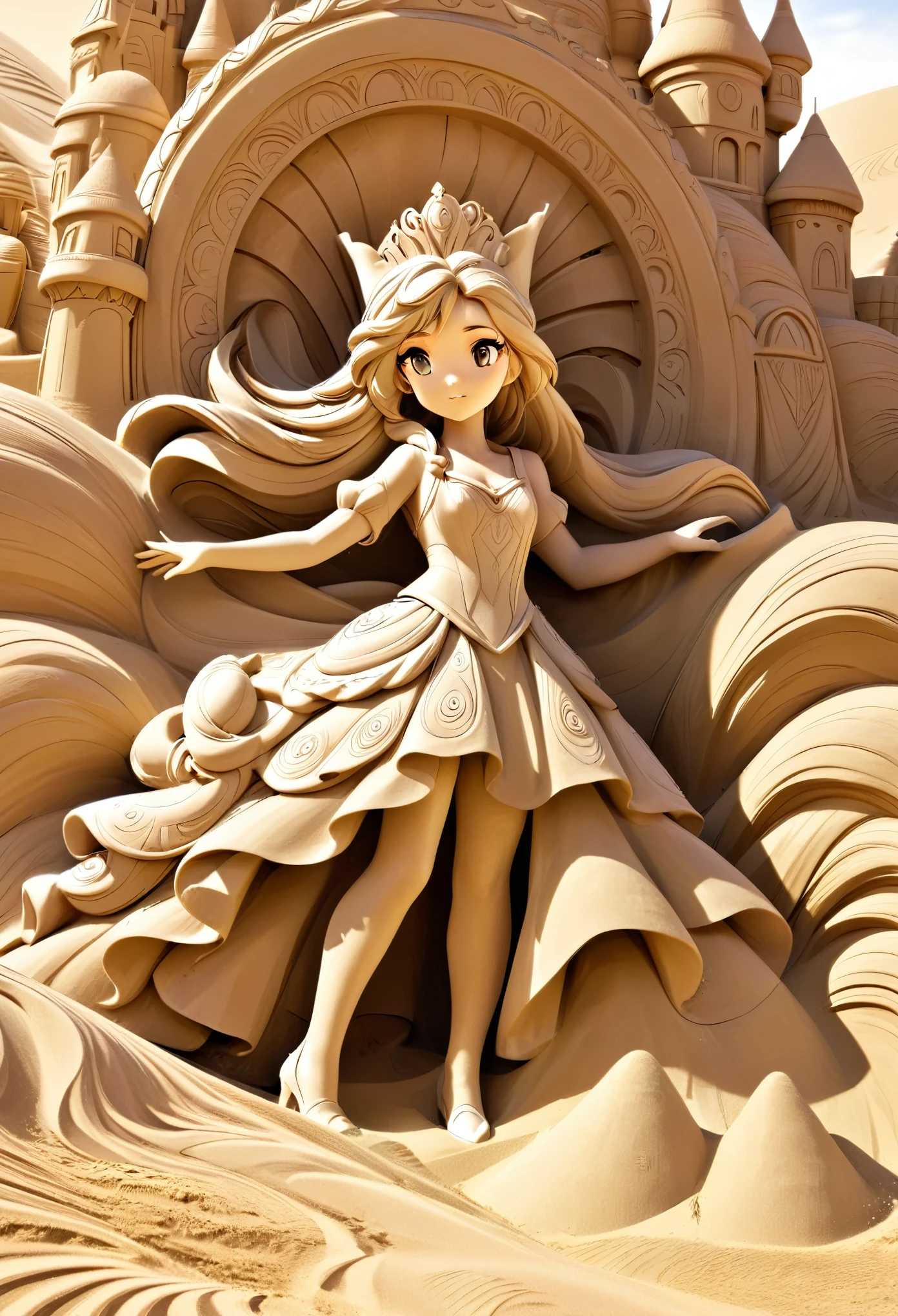 best quality, super fine, incredibly absurdres, extremely detailed, 2.5D, delicate and dynamic depiction, sand sculpture princess, sand texture skin, Disney-style fantasy, desert, sandstorm effect