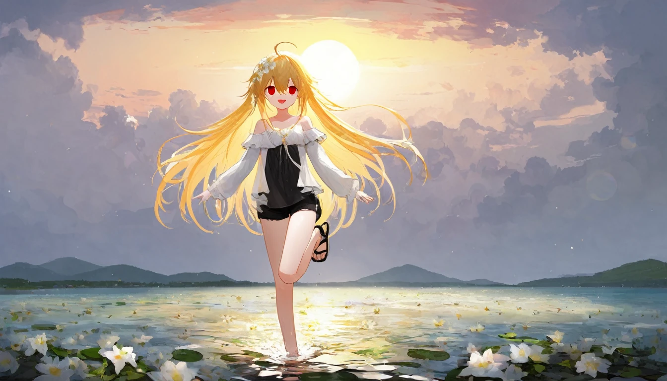 score_9, score_8_up, score_7_up, 1girl, (azumi kazuki:1.1), ciloranko:1.1, (omone_hokoma_agm:1.1), ((absurdres, official art, masterpiece)), best aesthetic, best quality, ultra detailed, intricate details, new, newest, glossy hair, moist skin, 18 years old, depth perception, solo, subject focus:1.1, depth perception, empty eyes, red eyes, solo, outdoors, long hair, shorts, water, ahoge, looking at viewer, long sleeves, sunset, standing, bare shoulders, hair ornament, black shorts, sandals, smile, wading, open mouth, sky, standing on one leg, shirt, flower, sun, hair between eyes, short shorts, blonde hair, very long hair, :d, dress, white flower, outstretched arm, cloud, off shoulder, black footwear, painterly, oil painting style:1.1, muted colours, evening light, dark lighting