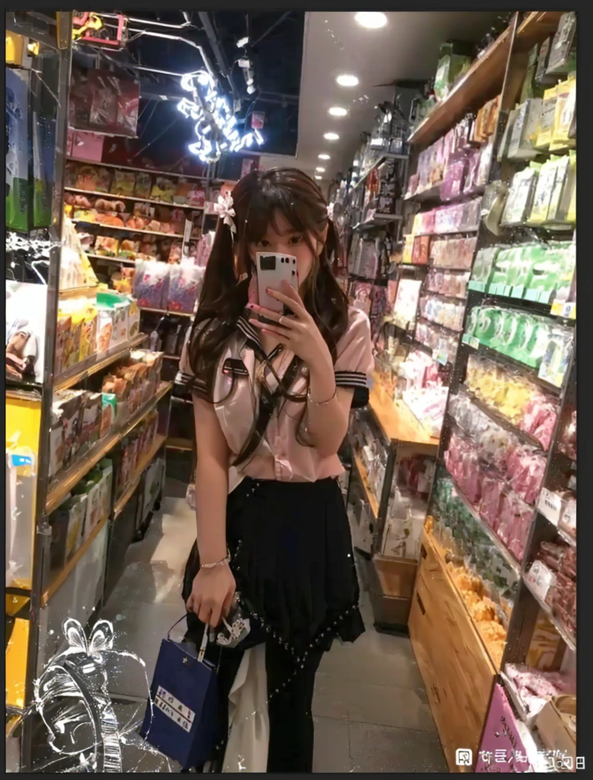 A girl takes a selfie with her mobile phone in a store, Ulzan, Sakimichan, Caitlin Mini Cute Style, 👰 🏇 ❌ 🍃, 2263539546], ❤🔥🍄🌪, Post-processing), In the mall, Chiho, Ruan cute vtuber, 1 8 Yes