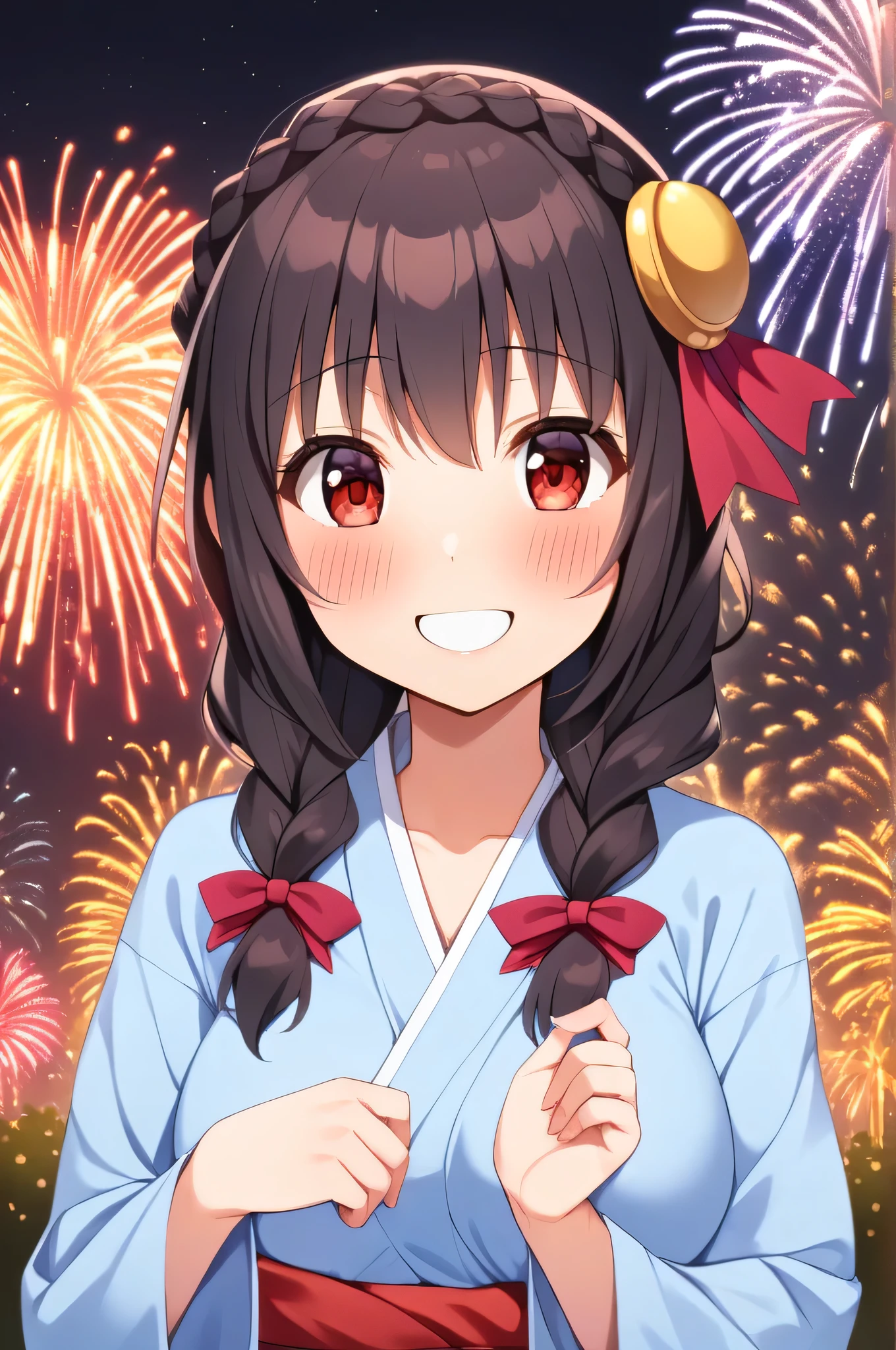 alone, One girl、Crown braids in the same color as your hair, hair ornaments, Hair Ribbon,(A light blue kimono with a red floral pattern and a red obi.)、Red Eyes、Black Hair、(blush:1.6)、(The best open-mouth smile:1.6)、Larger breasts、(The background is fireworks)