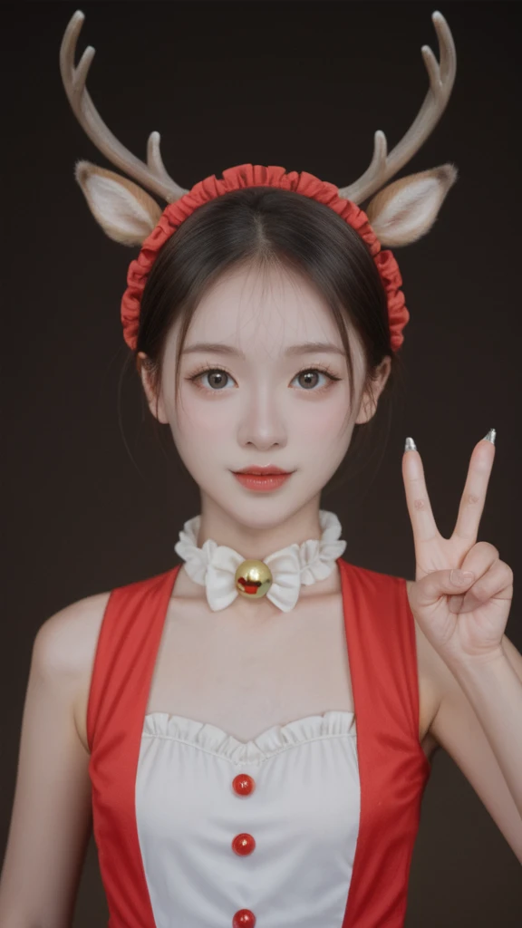 realistic,score_9, score_8_up, score_7_up, 
Hyperrealism，illumination， 1girl, stand, upper body, simple background,  small breasts,  from front, Deer antler hairpin，outdoor，Dynamic lens，Dynamic Action，Give a V victory sign, Circus Costumes，8-year-old girl