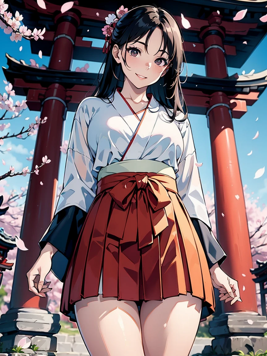 (Surreal), (picture), (High resolution), (In 8K), (Detailed), (Best illustrations), (Beautiful attention to detail), (Beautifully detailed face), (Highest quality), (Super detailed), (masterpiece), (wallpaper), (非常にDetailed顔), (Long black hair), (1 Girl), (alone), (Detailed目, Thin cheeks, Glowing Skin, Glossy Lips, Facial lighting), (Are standing:1.0), Camel Toe, (Large Breasts), (Small breasts), (Thin thighs), (Slim waist), (smile), (Miko costume), (Long sleeve), (Long hakama:1.2), (cherry blossoms), (shrine)