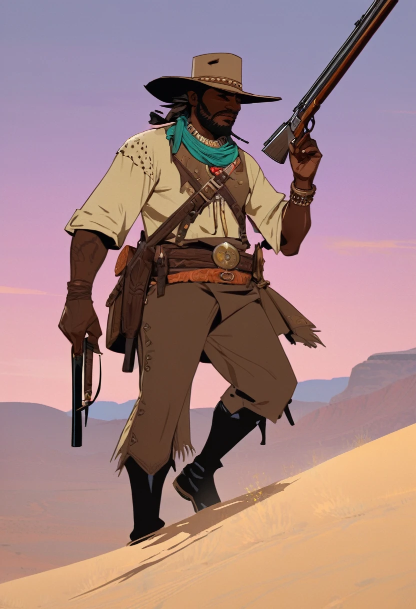 score_9, score_8_up, score_7_up, score_6_up, score_5_up, score_4_up, 1man, Western, far away, Wild West, red dead Redemption, cartoon art style, Light brown skin, Hunting a rabbit, desert, Nightfall, Indigenous, Solo, Bow, Hunter, Thong, Indian Makeup, Few clothes