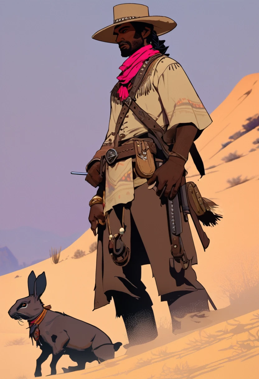 score_9, score_8_up, score_7_up, score_6_up, score_5_up, score_4_up, 1man, Western, far away, Wild West, red dead Redemption, cartoon art style, Light brown skin, Hunting a rabbit, desert, Nightfall, Indigenous, Solo, Bow, Hunter, Thong, Indian Makeup, Few clothes
