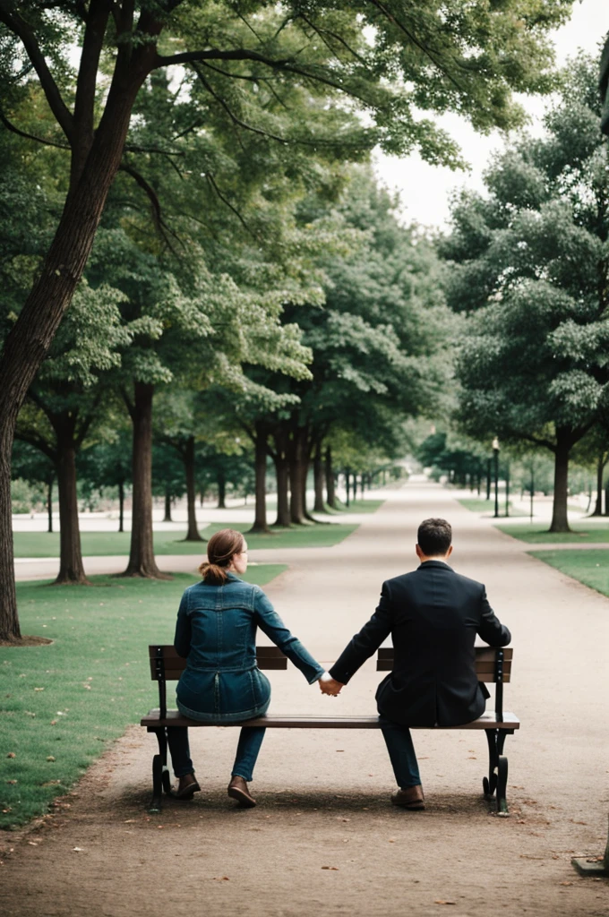 two people holding hands on a park bench