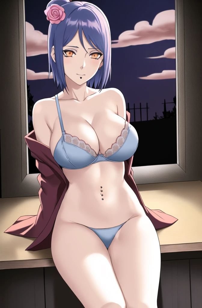 konan \(naruto\), solo, looking_at_viewer, 1girl, closed_mouth, labret piercing, looking at the viewer, (((half naked))), bra, (((sitting on the table inside dark room))), night time, busty, large breasts, akatsuki robe with red clouds
