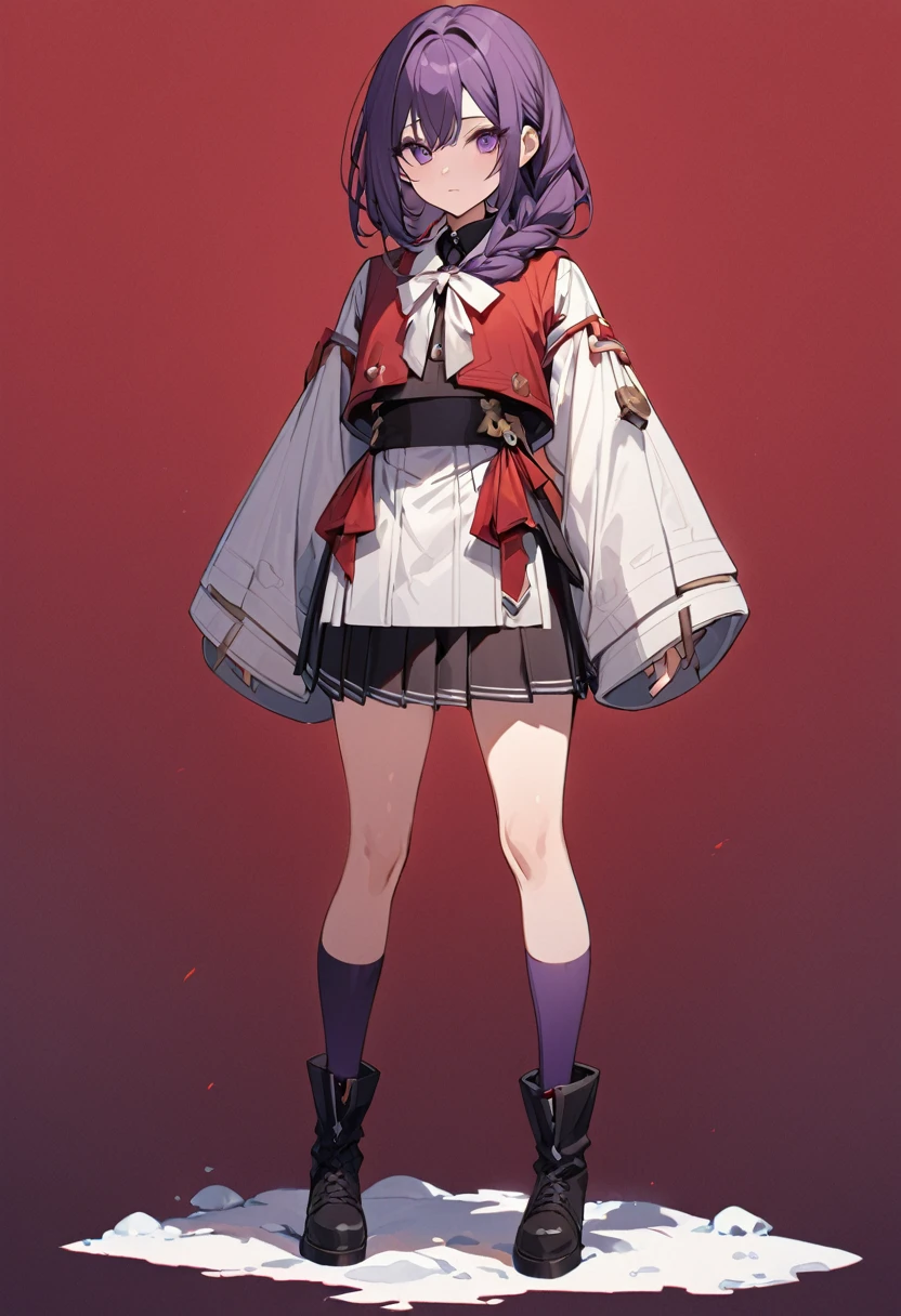 masterpiece, (bestquality), highlydetailed, cold, calm, gentle, expressionless, solo, (detailed eyes), (1 young woman), dark purple hair, very long single braid, bright purple eyes, (white collared shirt with white furisode sleeves), thin red bow tie under the collar, (diamond-shaped pin on the front of the bow), (black high-waisted pleated skirt), dark purple high socks, black ankle boots, (simple earthy red background), (empty background), full body, standing