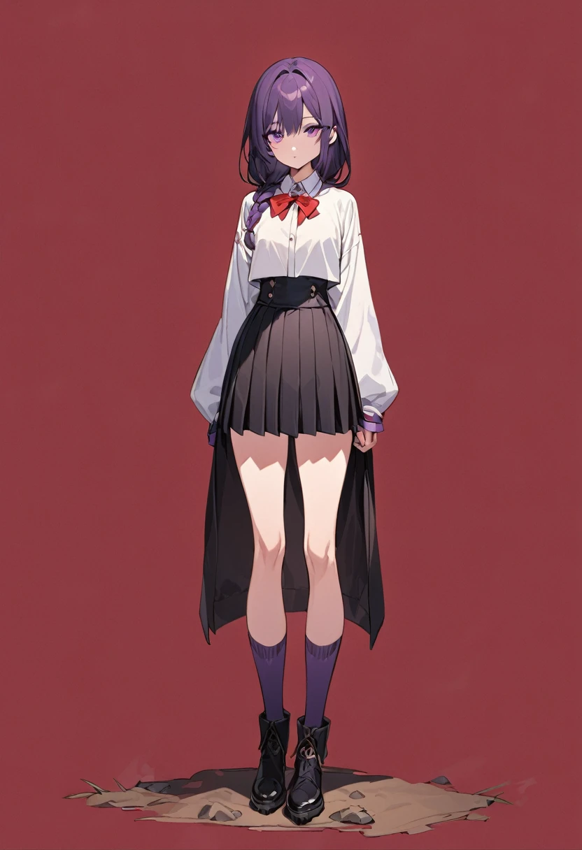 masterpiece, (bestquality), highlydetailed, cold, calm, gentle, expressionless, solo, (detailed eyes), (ung woman), dark purple hair, very long single braid, bright purple eyes, (white collared shirt with white furisode sleeves), thin red bow tie under the collar, (diamond-shaped pin on the front of the bow), (black high-waisted pleated skirt), dark purple high socks, black ankle boots, (simple earthy red background), (empty background), full body, standing