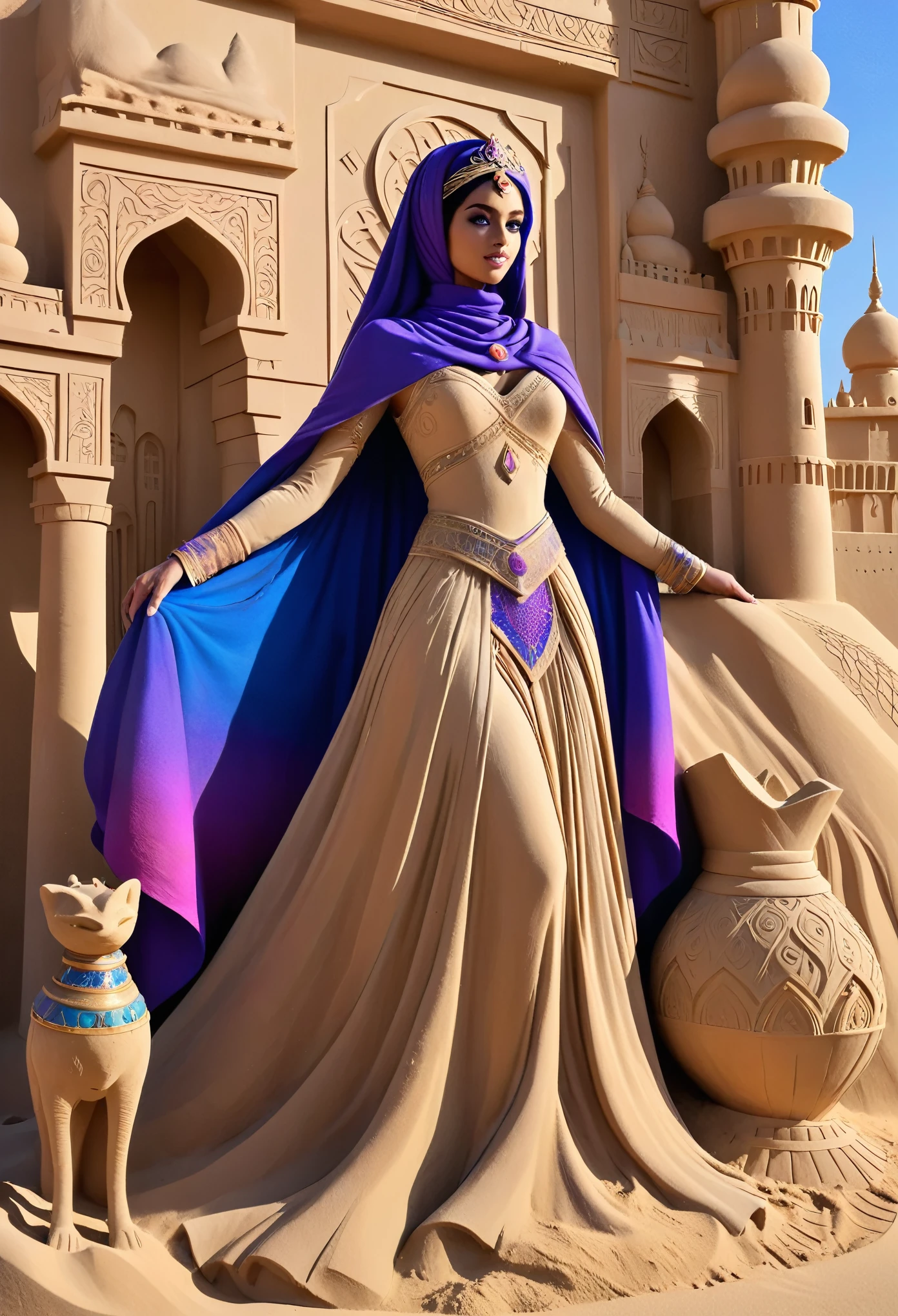 conceptual installation pop art, artwork painted with blue-pink-purple-black gradation, best quality, super fine, incredibly absurdres, extremely detailed, 2.5D, delicate and dynamic depiction, sand sculpture princess, sand texture skin, arabian royal dress and accessories, Disney-style fantasy, desert, sandstorm effect