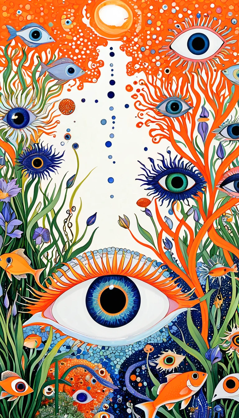 Psychedelic Art:Eye、Iris tectorum Maxim、fish、Tentacles、bird、Eye、diatom,Abstract mosaic painting,Describing the inner world of autistic people,Sense of space,White Space,interesting,Innocence,Psychedelic Art,Orange overall