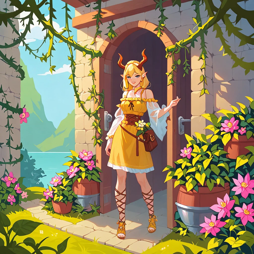 score_9, score_8_up, score_7_up, score_6_up, score_5_up, score_4_up, BREAK source_anime, yellow medieval summer girl, concept, vines on the hand and horns from vines, full body concept art