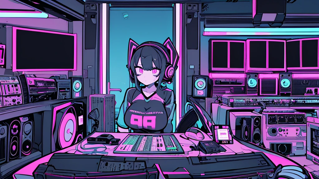 Best quality, (masterpiece), best detail face,1 girl, ???????????, 18 yo, 8k,absurdres,unity 8k wall paper,(extremely detailed:1.3), highest realistic, (retro headphones:), (soft neon light:), (psychedelic), Her room full of music equipment and records, sports wear , See the whole room , dark grey color pallet
