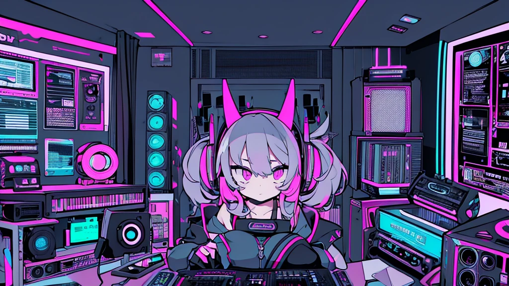 Best quality, (masterpiece), best detail face,1 girl, big breasts, 18 yo, 8k,absurdres,unity 8k wall paper,(extremely detailed:1.3), highest realistic, (retro headphones:), (soft neon light:), (psychedelic), Her room full of music equipment and records, sports wear , See the whole room , dark grey color pallet
