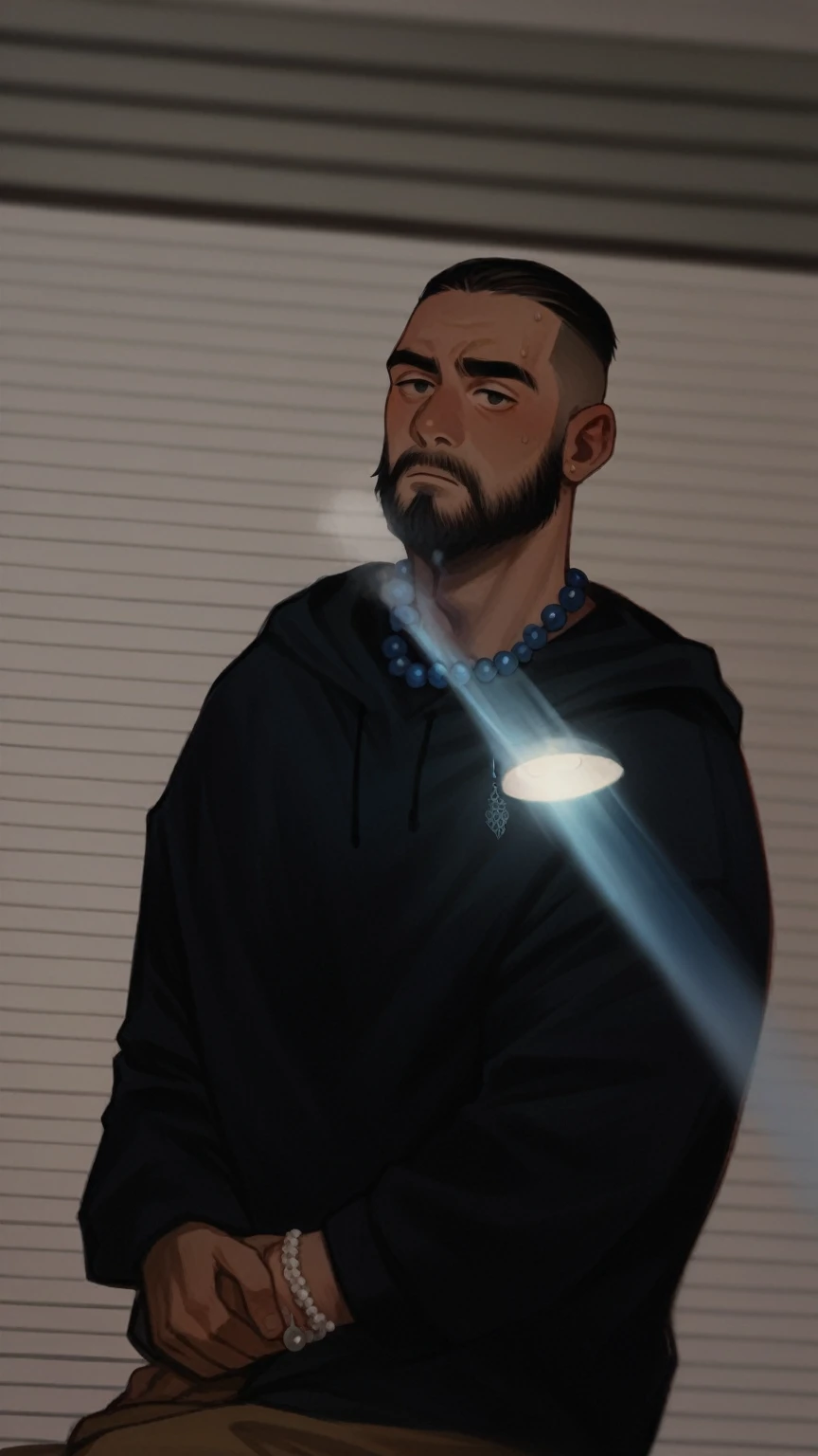 Create an ultra realistic 8k high resolution image of a man with blonde hair with root braids with orange and blue beads at the end of the braids young 25 year old man with Bolivian features with black beard GTA6 style