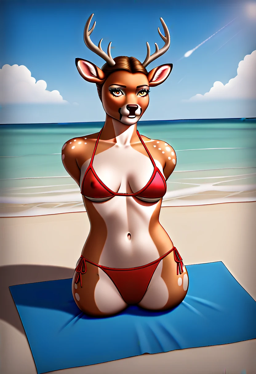 a beautiful deer girl on the beach,1 girl,bikini top,wide,sea waves,sandy beach,sunset sky,warm sunlight,photorealistic,ultra detailed,8k,Best Quality,Masterpiece,professional,sitting on towel,,(((quadruple amputee))),human-onahole, (((legsless, armsless:1.7))),