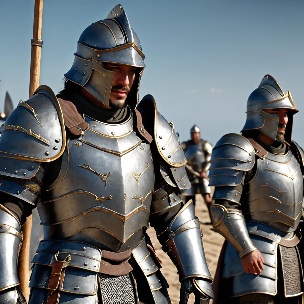 recreate the image above more realistic in high definition, 64k, armors detalhadas, The best image, seamless, minute details, armors, detailed shields, realistic men, a big battle