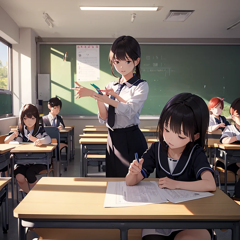 masterpiece, (Top quality  teachers (With the students:1.33)), Perfect Shading,  Dramatic lighting,  Rendered in 8K resolution、High quality detail,  Classroom with blackboard,  Bright classroom,  Smooth,  Sharp focus,  figure,  Very detailed,  Soft and natural volume,  Cinematic perfect light,  Intricate details,All the Korean students are seated.