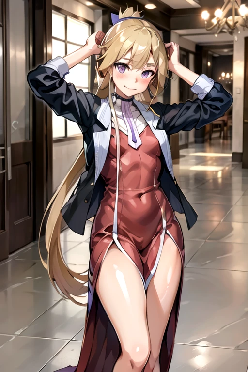 masterpiece, Highest quality, expensiveres, expensive_meaning, very long hair, Hotel, One girl, alone, a woman in a sexy dress, sexy pose, blush, A small smile, 前hair, hair_between_eye, purple eye, blond hair, ponytail, Moderate_chest, sexy, Seductive pose, sexy pose, very long hair, Put your arms behind your head, Jacket, Red dress, 