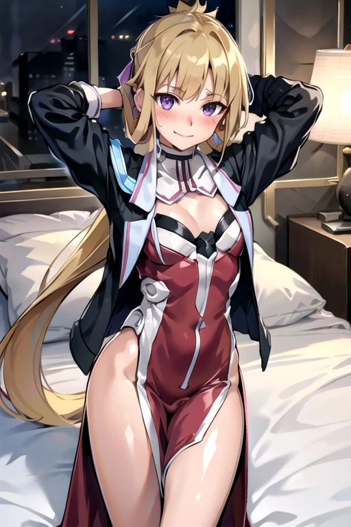 masterpiece, Highest quality, expensiveres, expensive_meaning, very long hair, Hotel, One girl, alone, a woman in a sexy dress, sexy pose, blush, A small smile, 前hair, hair_between_eye, purple eye, blond hair, ponytail, Moderate_chest, sexy, Seductive pose, sexy pose, very long hair, Put your arms behind your head, Jacket, Red dress, 