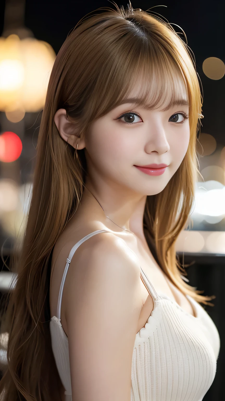 masterpiece、1 beautiful girl、Fine grain、Puffy eyes、Highest quality, 超High resolution, (reality: 1.4), Cinema Lighting、Japanese、Asian Beauty、Super Beauty、Beautiful Skin、thin、Body facing forward、(Surreal)、(High resolution)、(8K)、(Very detailed)、てFine grain)、(Super detailed)、 (wallpaper)、Detailed face、Bright lighting、Professional Lighting、View your audience、Look straight ahead、The costume is a white knitted dress、Long Hair, Blonde,My hair is messy, Asymmetrical bangs, 、Night view、Japan is an idol、Korean Idol、Burning idol pose、、19 years old、blonde: 3.5、smile、