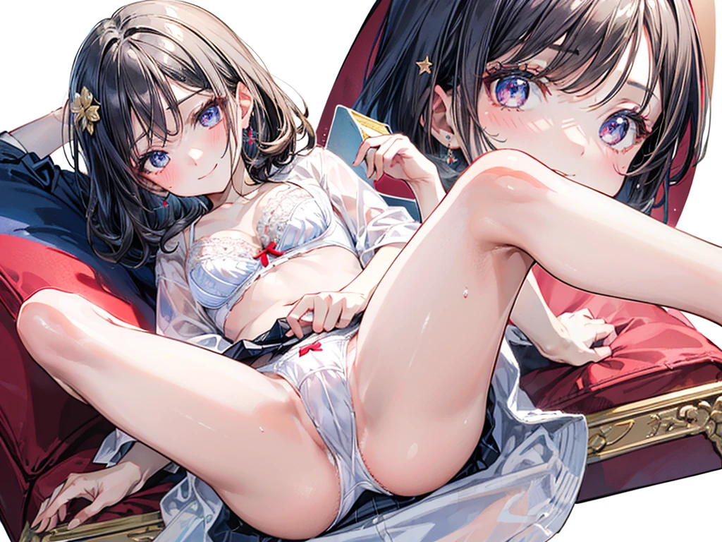 (Best quality, 8k, 32k, Masterpiece, UHD,:1.2),RAW, 1girl,ultra cute , natural lighting,transparent shining eyes, 20yo ,fair complexion, ((White bra and panties)), Closeup shot, wedgie, shy smiling, medium hair, (ecstasy:1.3) ,(slut:1.2), (vulgarity:1.3), (fucked silly:1.1),(steam:1.1),(wet:0.8),(trembling:0.8),(sweat:0.8),, ((White Background)), From Below, legs up,, bare foot, Cameltoe