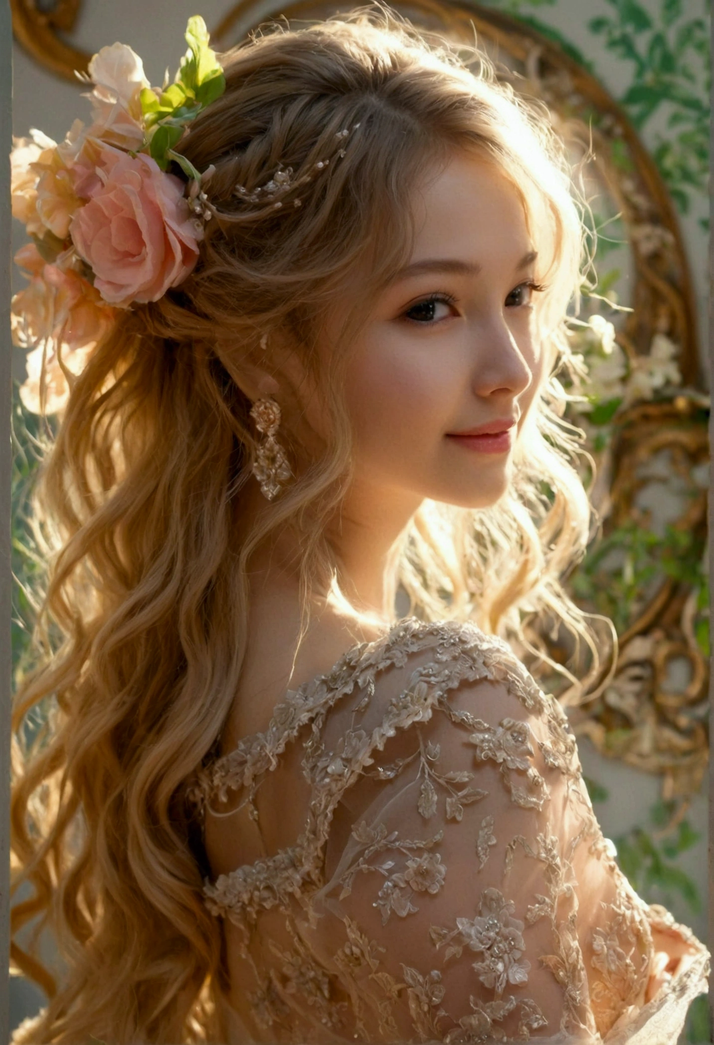 Highest quality、Ultra-high resolution、Clear photos、Professional Lighting、Very sassy girl、beautiful girl Face、Caucasian face、Very long hair、smile、Ultra slim、Tight waist、Huge breasts, Slender body、Rococo Fashion:1.6、Vulgar:1.8、Breaststroke:1.6、Wearing a classy dress:1.2、Shooting from indoors、Shooting from directly below:1.4、hair swaying like waves、Accessories、The Canopy Bed 、Please open your eyes a little