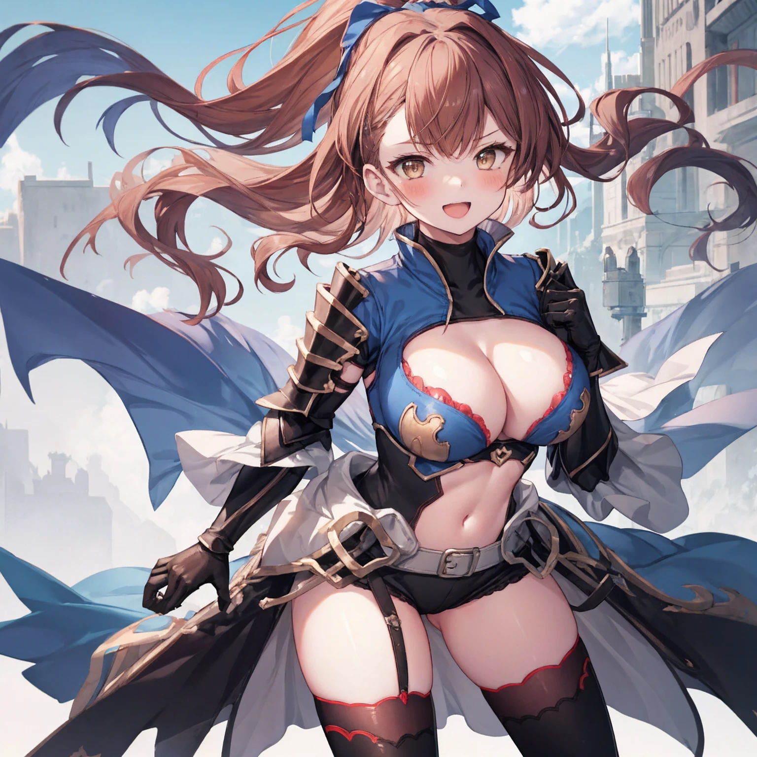 masterpiece, best quality, 1teen_girl,def,beatrix, ponytail, hair ribbon, gauntlets, blue shirt, gloves, cleavage cutout, looking at viewer, big_smile, large breasts, sky ,,happy,covered_nipples,young_,full_of_beans,,laugh,blush,open_mouth,thigh-highs, glower,open_legs,rise_knee,(angry:0.8)