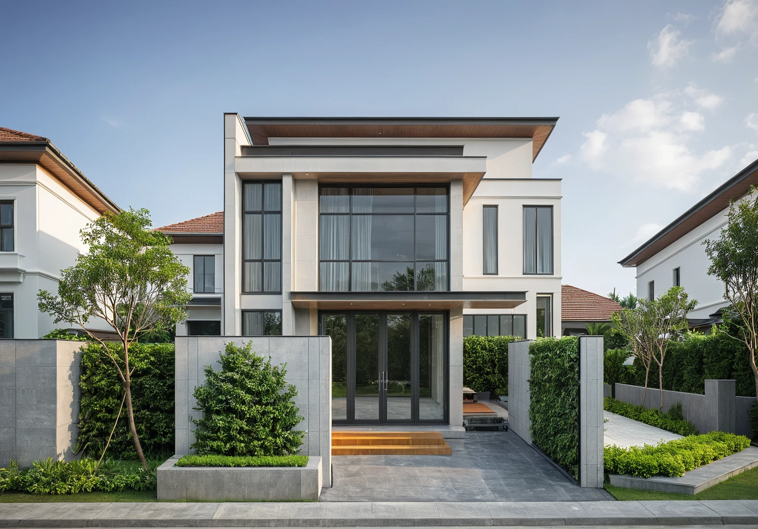 modern villa on street, (daylight), tropical tree, green shrub and plants, vivid color, streetcapes, minimalist design, brigth grey tone, large glass door, warm interior lighting, modern material, best quality, ultra realistic, masterpiece, 17ArchiAI_XL_VL-v1