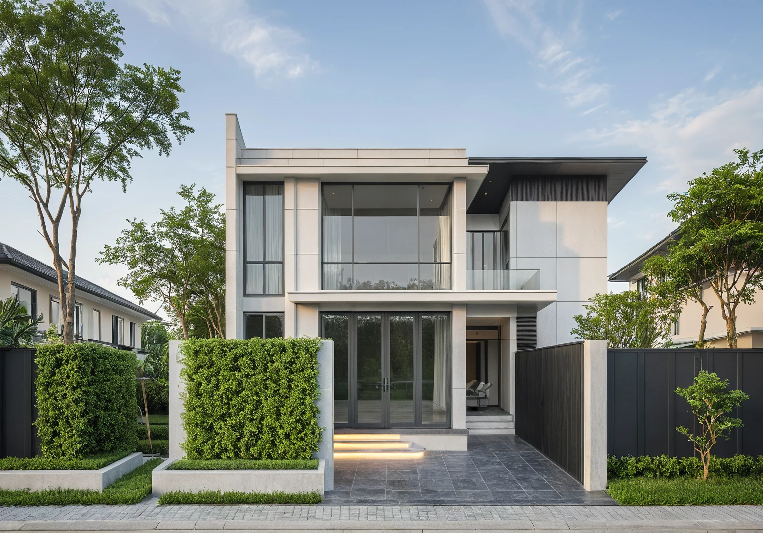 modern villa on street, (daylight), tropical tree, green shrub and plants, vivid color, streetcapes, minimalist design, brigth grey tone, large glass door, warm interior lighting, modern material, best quality, ultra realistic, masterpiece, 17ArchiAI_XL_VL-v1
