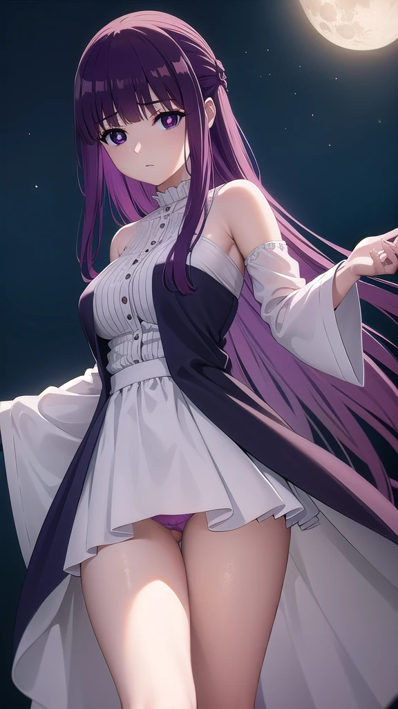 BREAK looking at viewer, BREAK (masterpiece:1.2), best quality, high resolution, unity 8k wallpaper, (illustration:0.8), (beautiful detailed eyes:1.6), extremely detailed face, perfect lighting, extremely detailed CG, (perfect hands, perfect anatomy)fern, long hair, bangs, (purple eyes:1.1), purple hair, sidelocks, blunt bangs, (bright pupils:1.5),castle,ht,moon,starfall, half updo,
long sleeves,white dress, long dress,wet dress, cleavege,neckline,nipll body,stockings,upskirt,palace pant panties, camfrom above,br,standinle.
