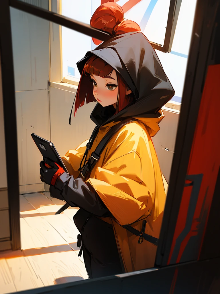 (((onli one woman))) girl with short red Bob style hair, white skin, light brown eyes, black gloves, black hoodie, black pants with straps [Girl using and looking at smartphone] background in room