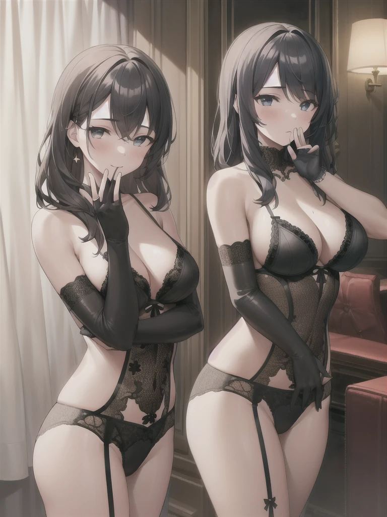 (in hotel, masterpiece, best quality:1.2), (1girl, , hold hair band in one's mouth, waving hair, long hair, black lingerie, black elbow gloves)
