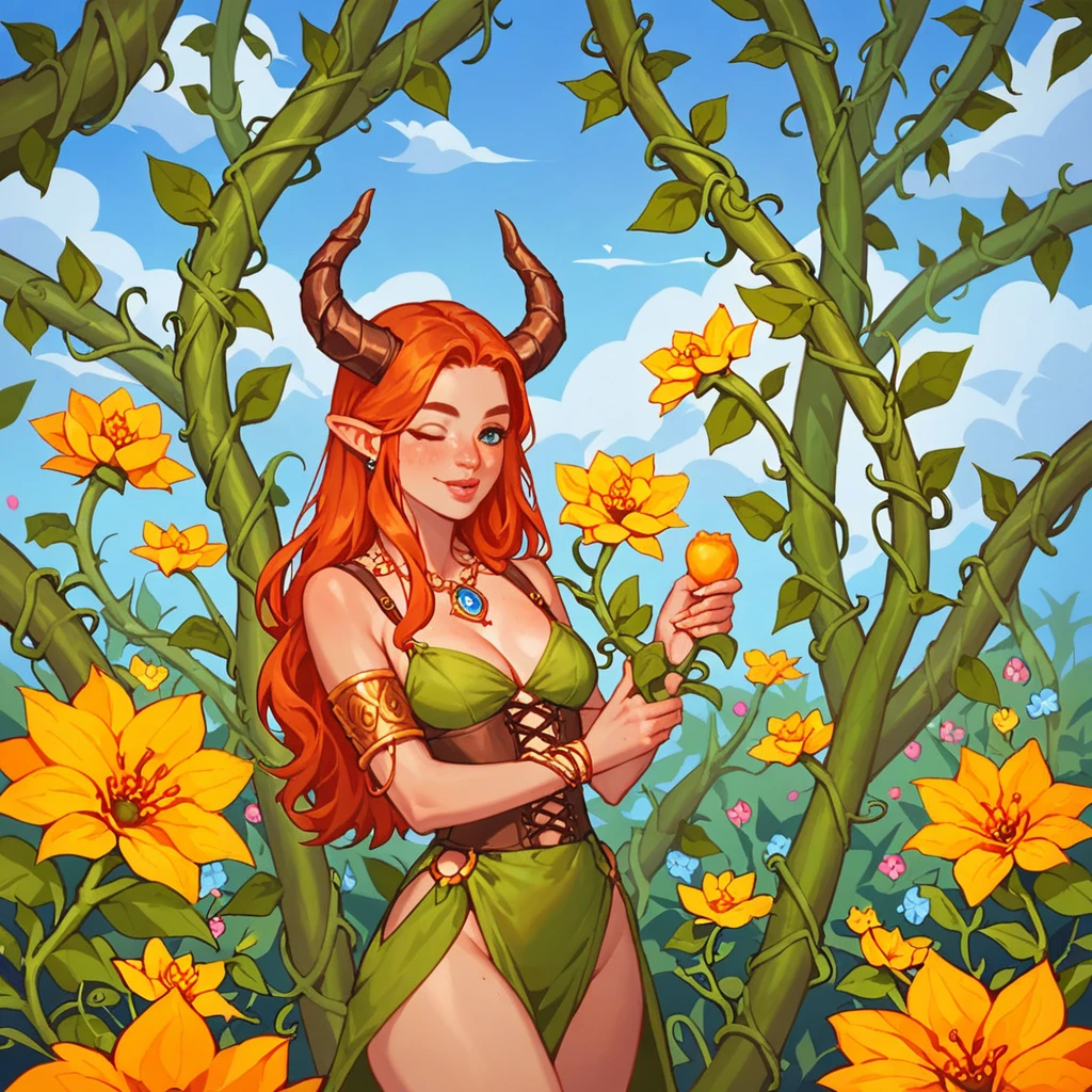 score_9, score_8_up, score_7_up, score_6_up, score_5_up, score_4_up, BREAK source_anime, yellow medieval summer girl, concept, vines on the hand and horns from vines,