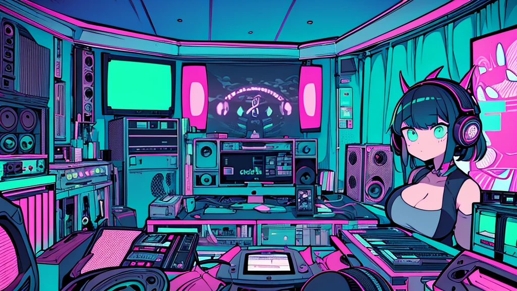 Best quality, (masterpiece), best detail face,1 girl, big breasts, 18 yo, 8k,absurdres,unity 8k wall paper,(extremely detailed:1.3), highest realistic, (retro headphones:), (soft neon light:), (psychedelic), Her room full of music equipment and records, sports wear , See the whole room , dark green color pallet
