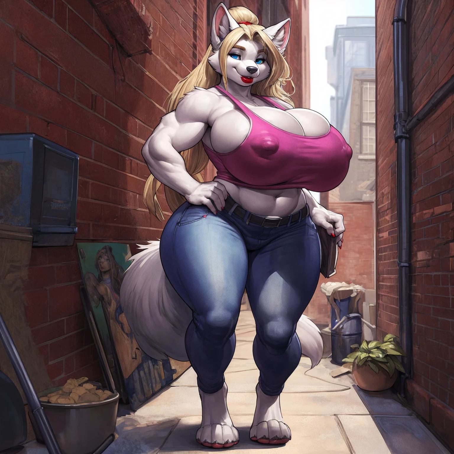 by darkgem, by boosterpang, by kevinsano, by duase, by BNG, curvy, arctic fox, white fur, female, athletic figure, furry body, hyper hips, thick thighs, big arms, (huge breasts:1.1), heavy breasts, nipple outline, blue eyes, highly detailed eyes, blonde hair, long hair, hair bun, milf, tank top, bare midriff, cleavage, large areolae, long snout, big bottom lip, red lipstick, (low jeans:1.4), bare midriff, visible thong straps, Masterpiece, best quality, absurd res, highly detailed, cleanly drawn eyes, anthro only, crowded alleyway, smile, standing upright, bare paws, digitigrade,