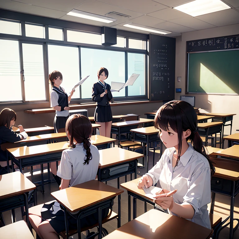 masterpiece, (Top quality middle school teachers (With the students:1.33)), Perfect Shading,  Dramatic lighting,  Rendered in 8K resolution、High quality detail,  Classroom with blackboard,  Bright classroom,  Smooth,  Sharp focus,  figure,  Very detailed,  Soft and natural volume,  Cinematic perfect light,  Intricate details,All the Korean students are seated.