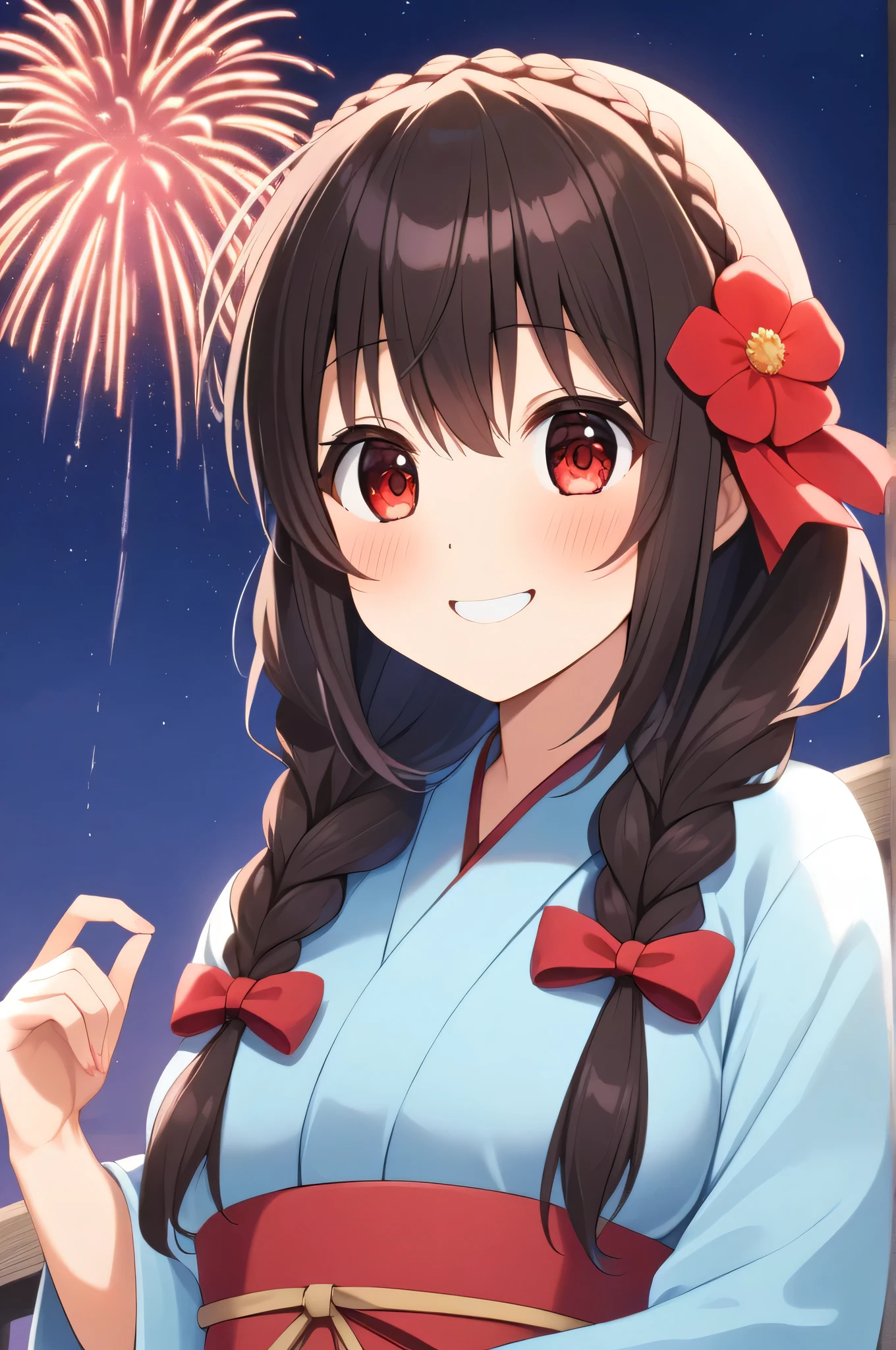 alone, One girl、Crown braids in the same color as your hair, hair ornaments, Hair Ribbon,(A light blue kimono with a red floral pattern and a red obi.)、Red Eyes、Black Hair、(blush:1.4)、(Happy smile:1.4)、Larger breasts、(Watching the fireworks)