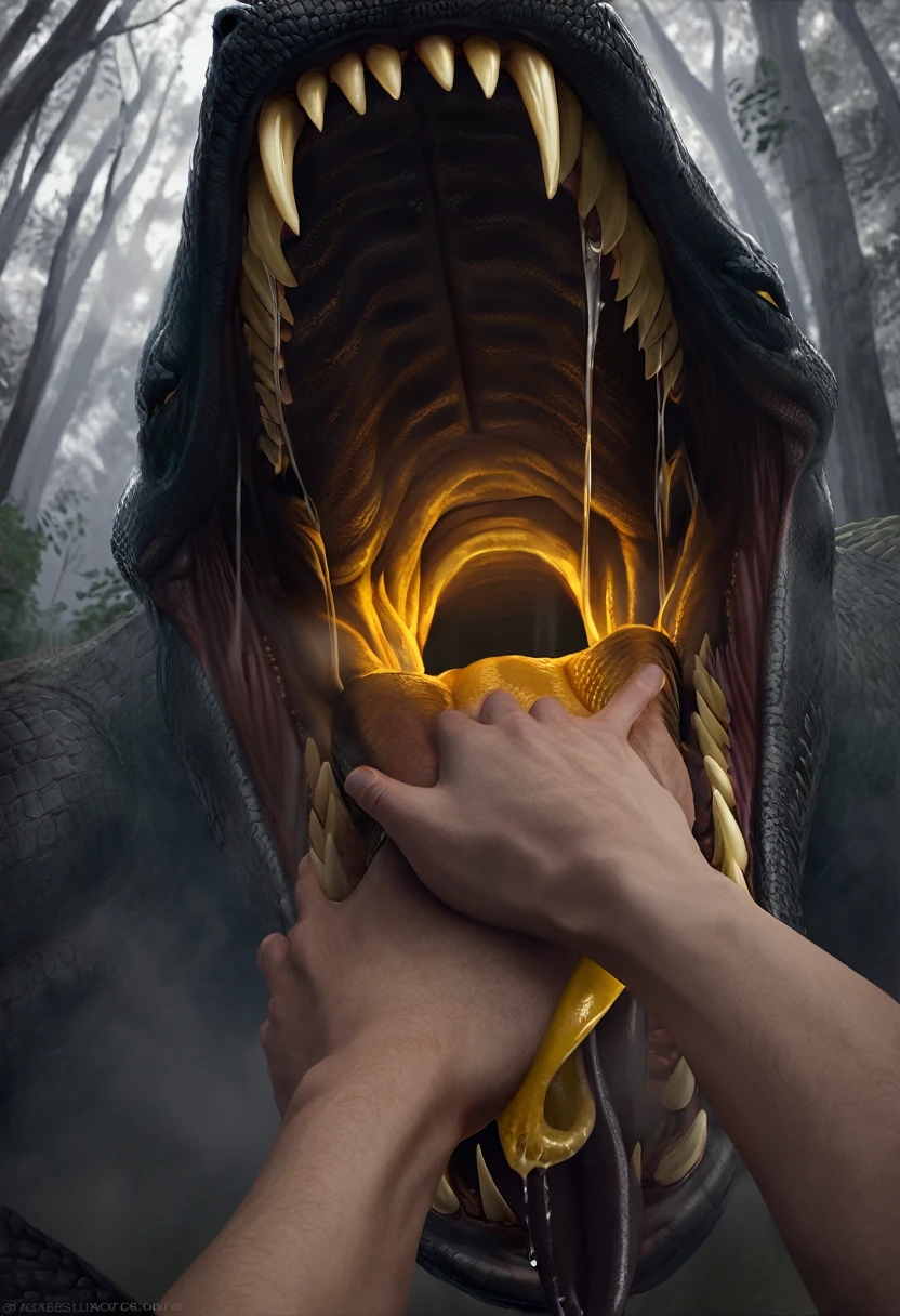Human first person perspective.Closing Arms.reptiles.Wild.Sharp teeth.Huge body.Approached.Black mouth.Slimy Throat.Bright throat.scales. A slimy tongue licks me. Open Mouth.Get on your tongue.Physical Difference.naked.Stretch out one hand.A big tongue wraps around my arm.Dripping saliva.Evil yellow eyes staring.The mouth comes closer.Swallowed Whole.prey.Hot breath.差し迫ったSwallowed Whole.drool dripping. Shadows Spread.Hot breath.fog.A terrifying growl. Enveloped in darkness.Touching the tongue.Uplifting.forest.nature.Realistic.sense of distance.Detailed mouth.(masterpiece.Highest quality.)
