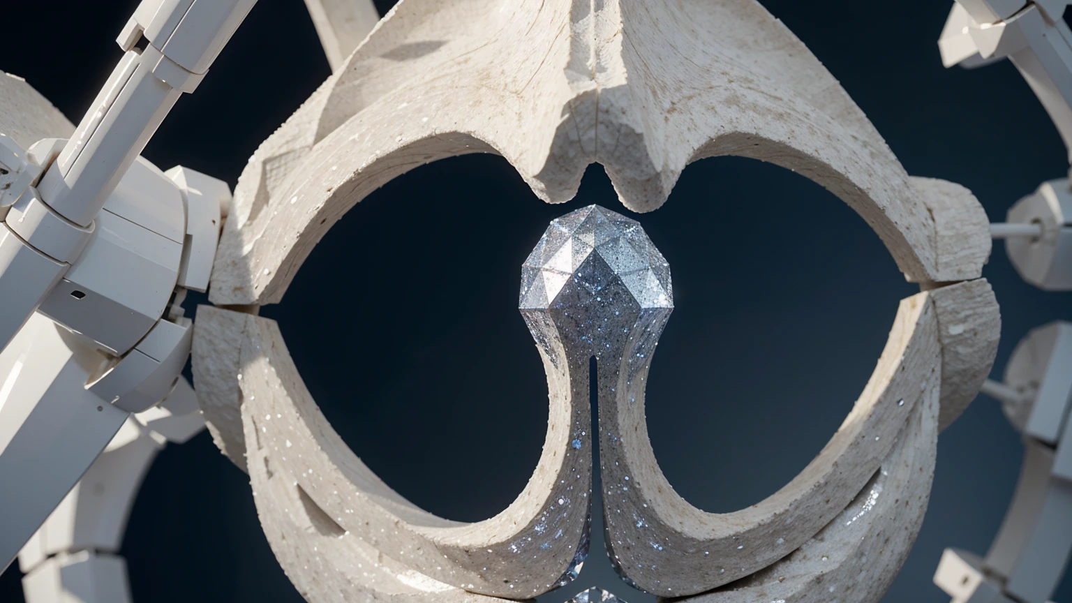 A close-up shot of a strong bone structure interwoven with sparkling calcium crystals