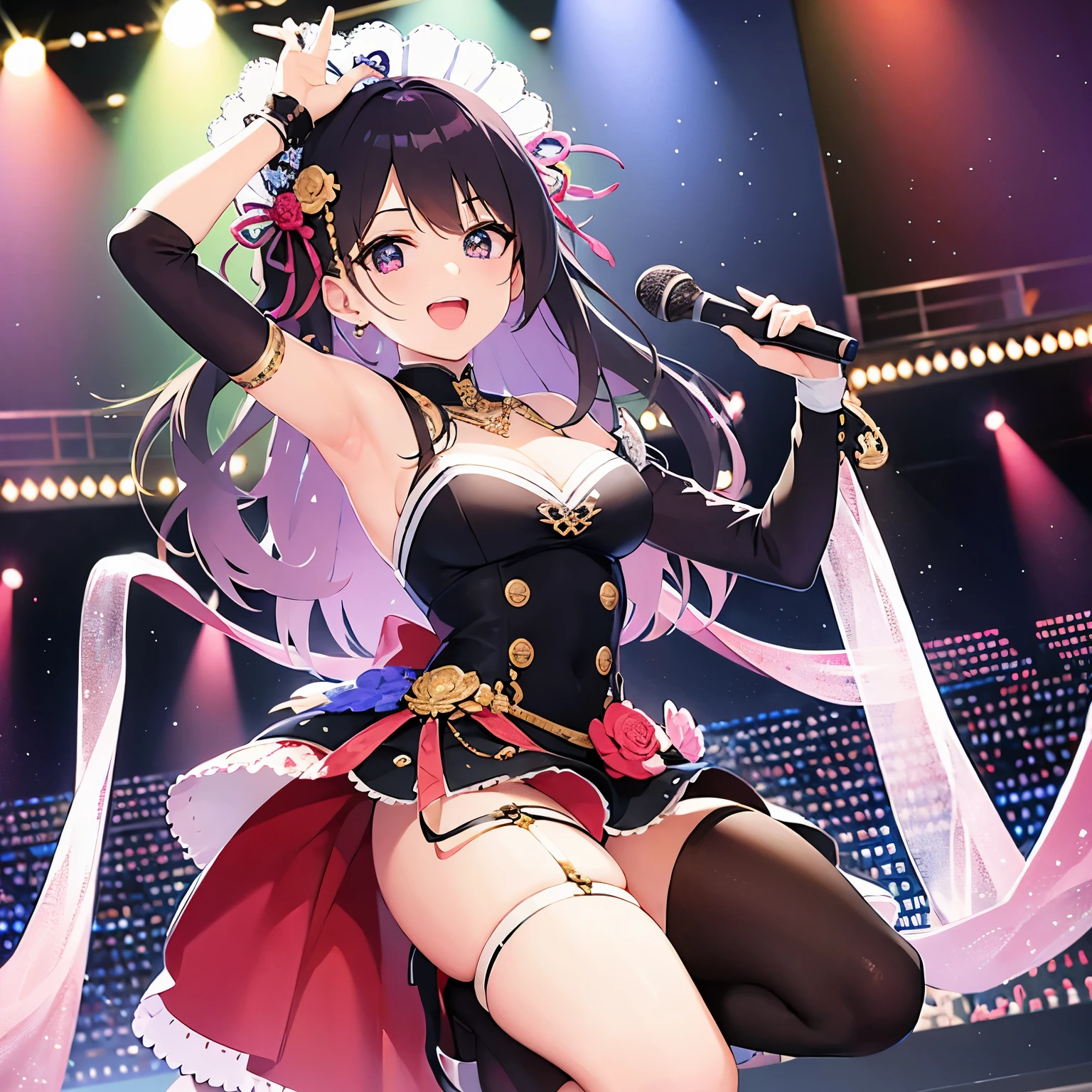 An idol girl is singing and dancing on stage