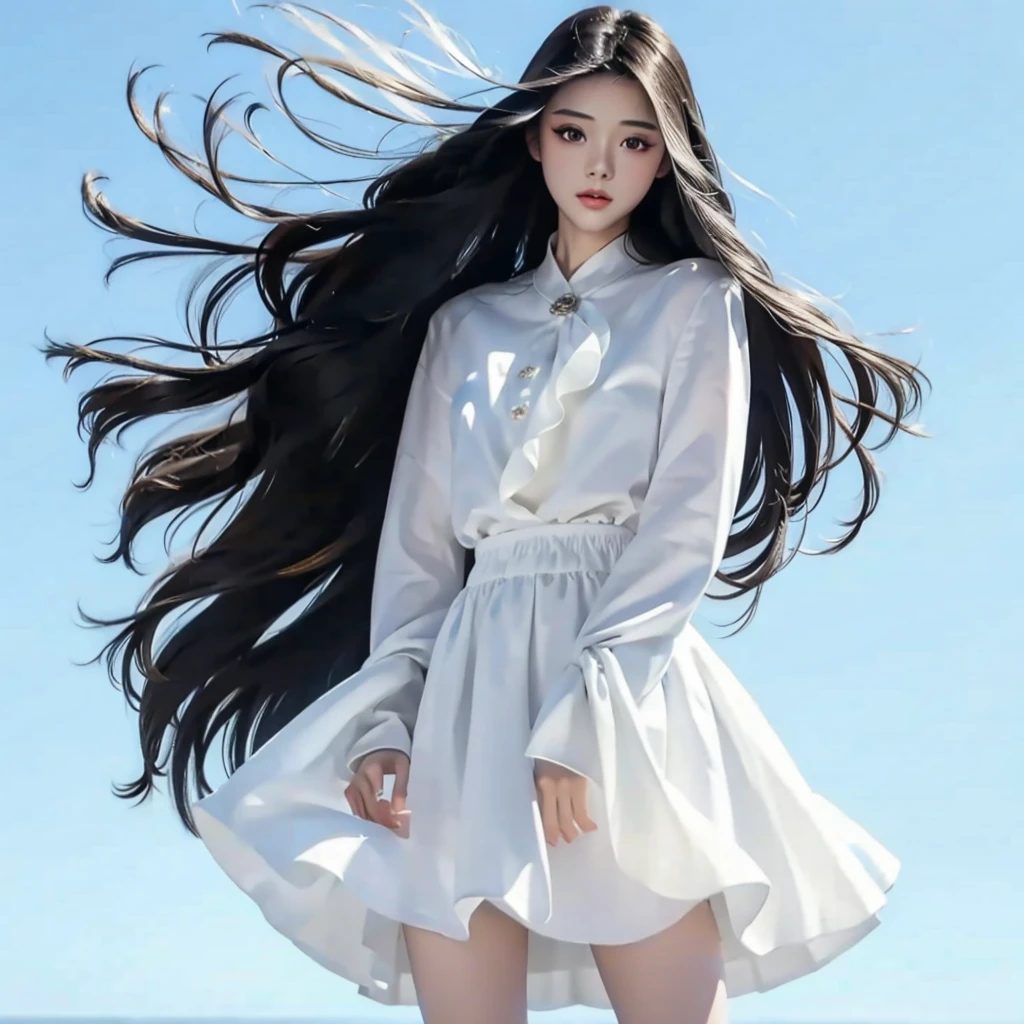 rice, Very detailed, Very realistic, Very sharp, Hyperrealism, Ultra-realistic, Highest quality, 1 girl, (Only one person:1.3), (Hair that grows to the knees:1.1, Ridiculously long hair:1.4, hime cut, straight hair, black hair), (Detailed Hair, Detailed skin), (Slim figure, Flat Chest), (long sleeves, frilled clothing, white long skirt dress), Shot from the front from the knee up), (hair is blown from left to right by the strong wind.:1.5), Standing posture, (looking at the camera), (Shot in a white room:1.3), Soft lighting