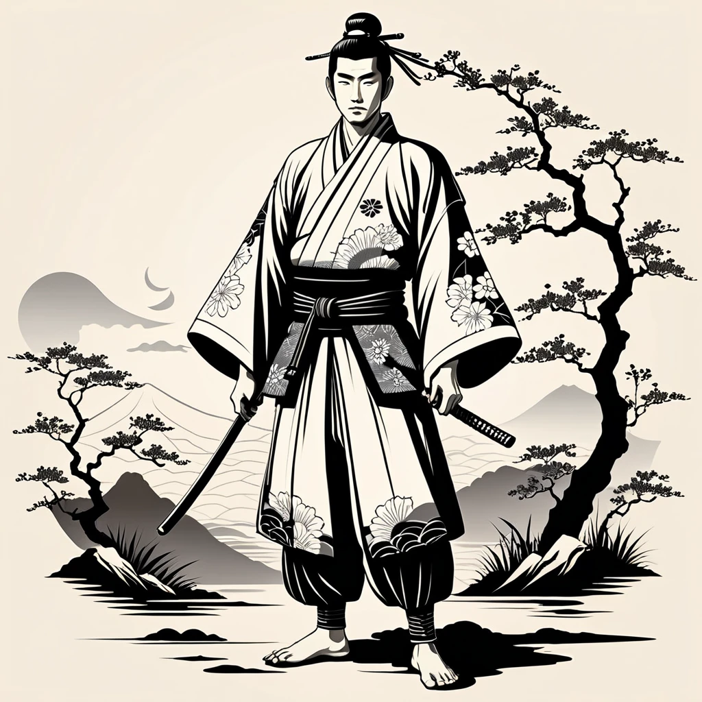 man in japanese folk outfit, vector graphics, strong contours
