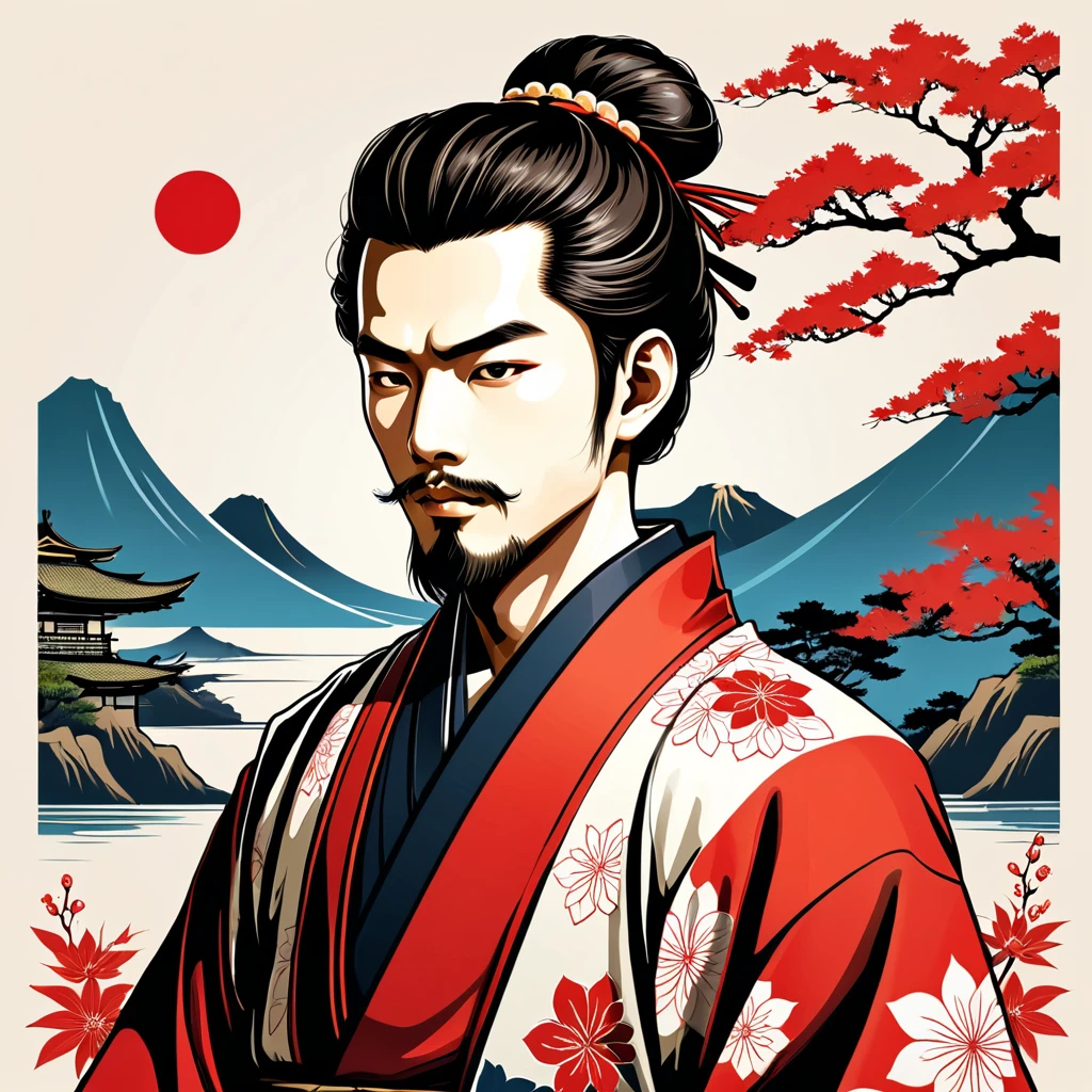 man in japanese folk outfit, vector graphics, strong contours
