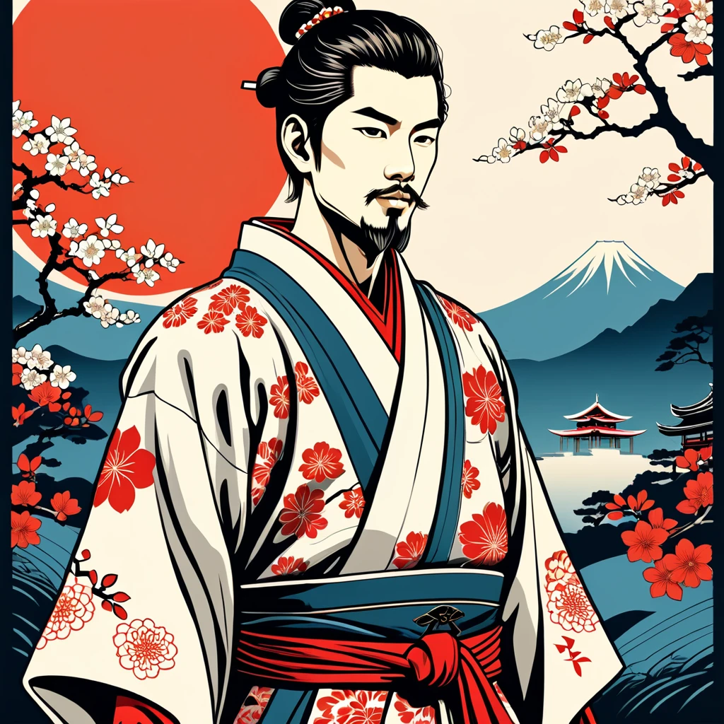 man in japanese folk outfit, vector graphics, strong contours