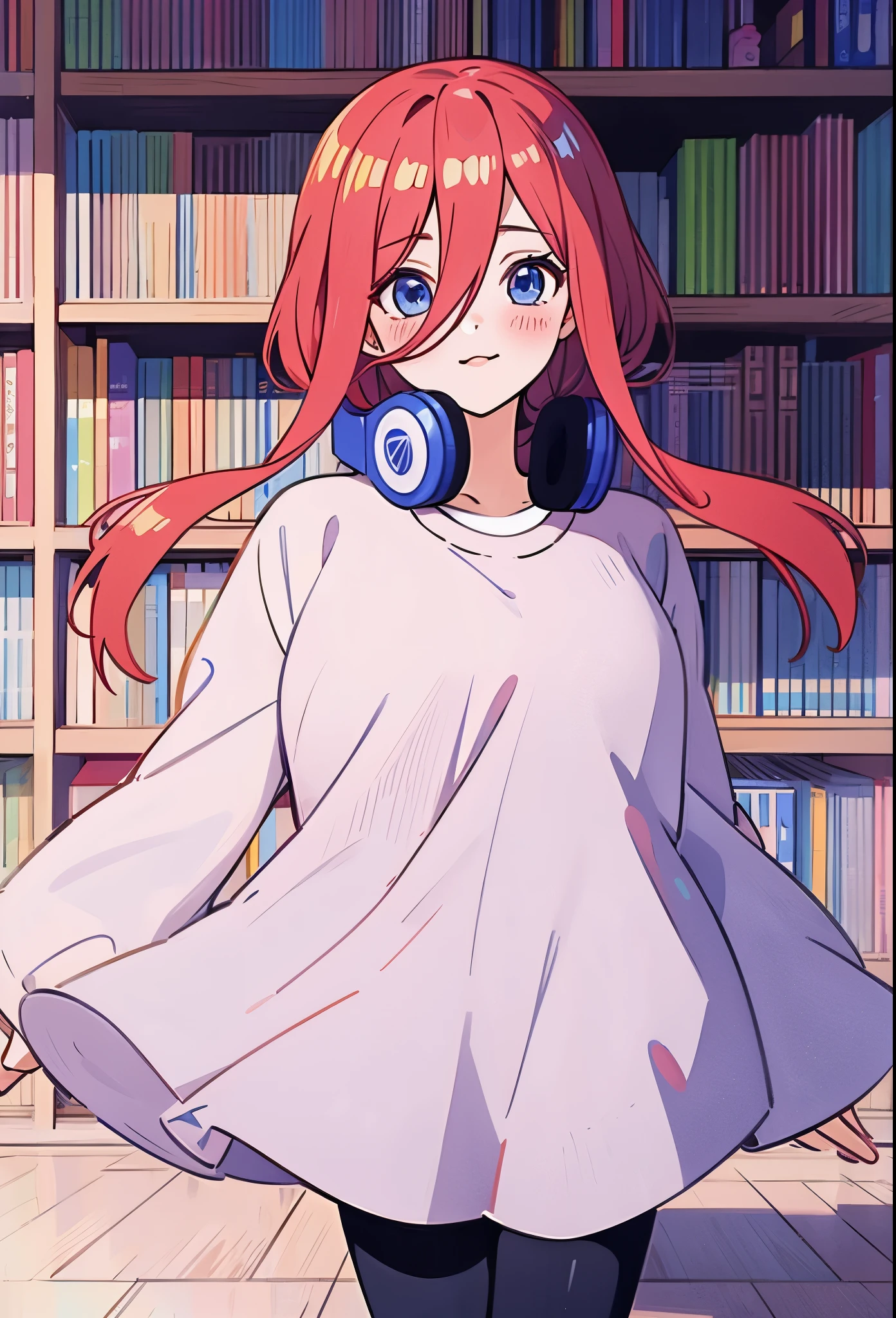 score_9, score_8_up, score_7_up, score_6_up, source anime, manga bookshelf, kumipnxl, nakano miku, 1girl, Sfw, 4K, 8K, dynamic picture, miku nakano, miku sitting in her room, long fluffy hair, blue headphones, manga bookshelf behind her, showing off her manga collection, miku showing her manga collection, nakano miku, cute smile, running, pink red brown hair, hair between eyes,