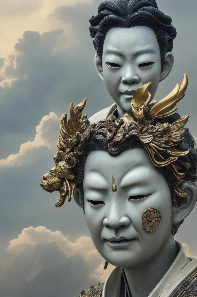 (Highest quality、High resolution、8K、Accuracy、masterpiece: 1.2)。世にも奇妙なgod様。god々Successfully超巨大なgodが、Floating in Tokyo, Japan。The strange atmosphere of the yokai somehow blends in naturally with the streets of Tokyo.。A clear blue sky with a face reaching above the clouds。god々Successfully、False、しかしgod様。A large Noh mask-like face、Or、Fallen angel-like appearance。silver、Or gold and silver。
