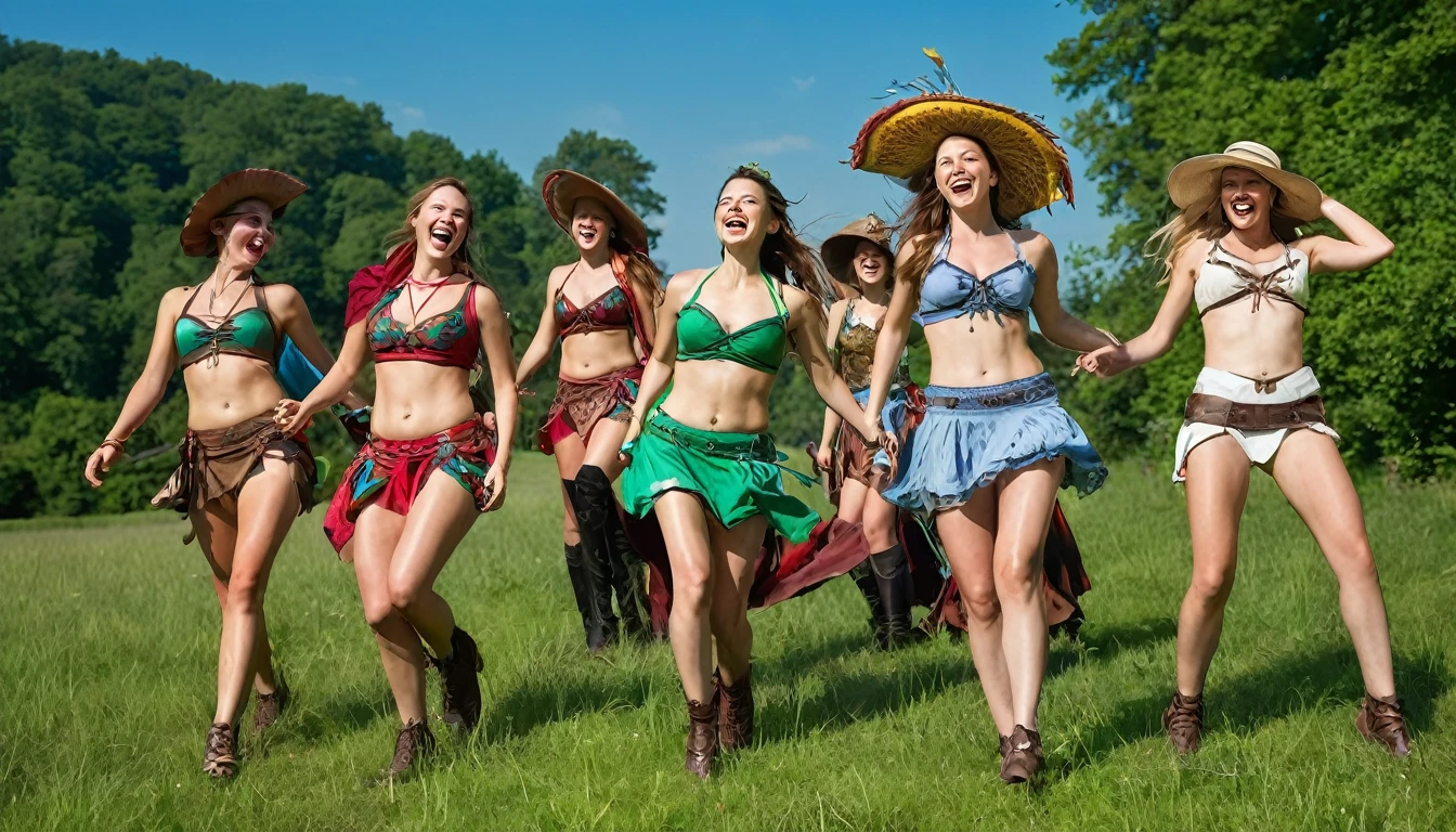 A vibrant and energetic scene at a bustling fantasy LARP (Live Action Role Play) event in a lush, sun-drenched meadow. A group of ten sexy German women, all in their prime, are dressed in exquisitely crafted, short medieval-inspired summer outfits that leave little to the imagination. Their attire, a delightful blend of historical authenticity and whimsical fantasy, includes scanty leather bikinis, flowing skirts, and intricate lace-up bodices that hug their figures, revealing their all-natural, unblemished beauty. Each woman sports a mischievous smile that hints at the playful brat within, ready to break the rules of decorum at any moment. The vivid colors of their garments pop against the serene green backdrop, as do their bare, sun-kissed breasts, which they flash cheekily at the camera. Their eyes sparkle with joy and camaraderie as they interact with one another, some leaning in for whispers, others playfully poking or slapping their friends' exposed bottoms. The atmosphere is one of carefree revelry and boundless energy, with the women's laughter filling the air. Each participant's physique is a testament to their dedication to fitness and health, showcasing toned abs, firm buttocks, and perky, natural breasts that bounce gently as they move. The overall setting is peaceful, with a few majestic oaks casting dappled shade over the meadow, and the distant sound of lutes and chatter from the festival grounds adding to the idyllic ambiance. The high-quality, professional photograph captures every detail with stunning realism, from the sweat glistening on their skin to the fine stitching of their outfits. The joyful expressions and playful nature of the scene are infectious, inviting the viewer to join in their summer frolics and indulge in the freedom of this whimsical world.